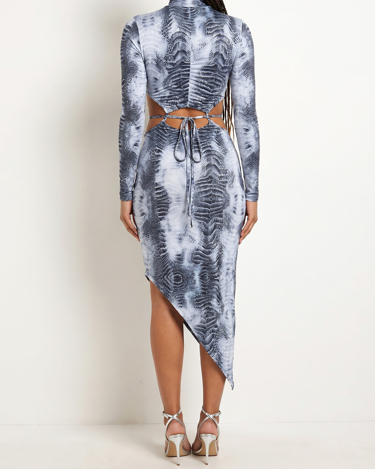 Grey snake print unbalance tie dress, back view on model