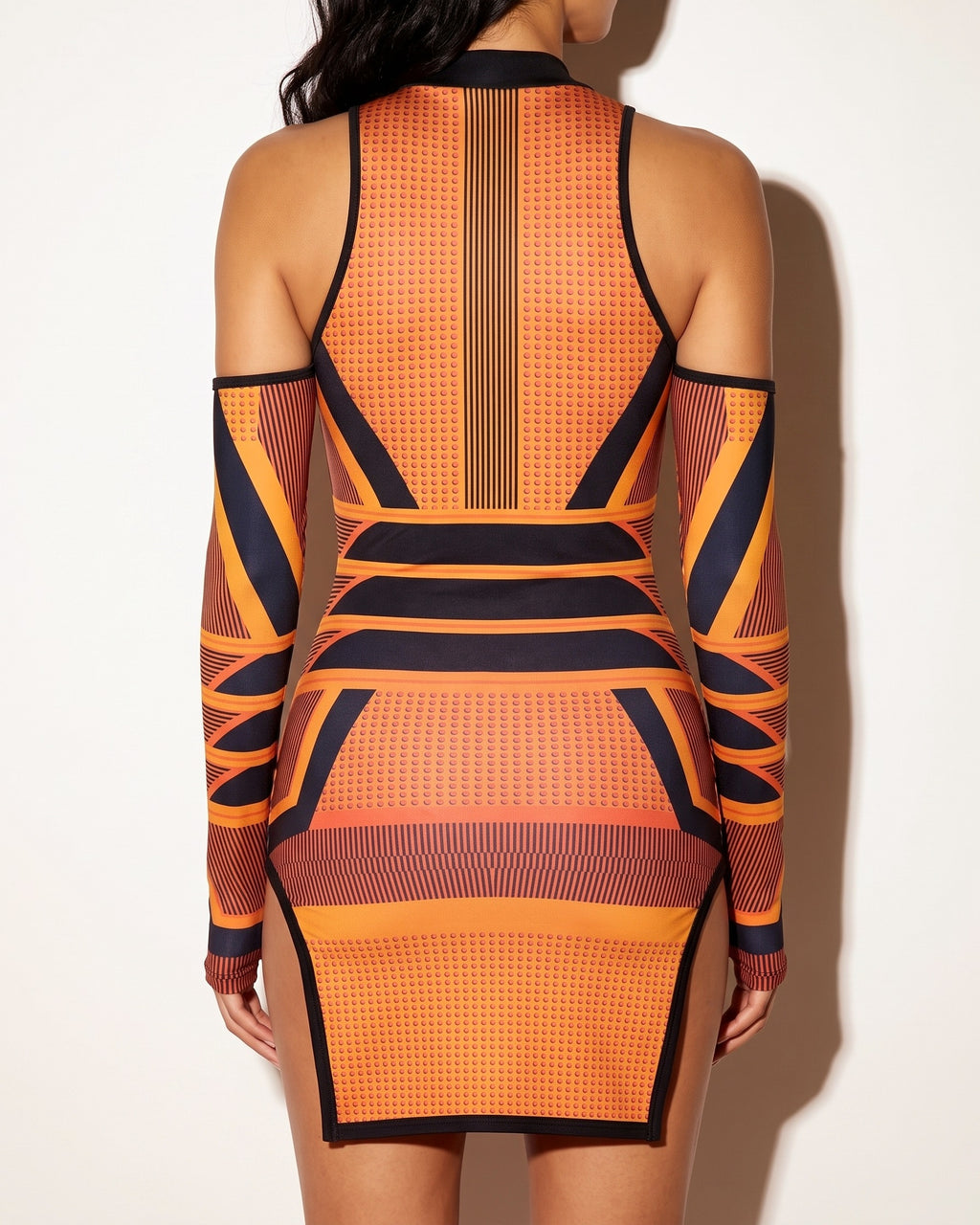 Rust cold shoulder printed dress, back view on model