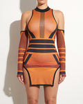 Muvin women's rust cold shoulder printed dress, front view on model