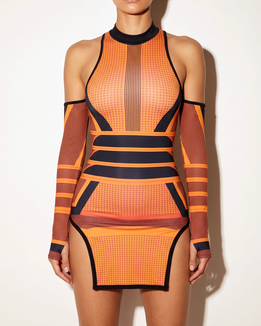 Rust cold shoulder printed dress, alternate front view on model