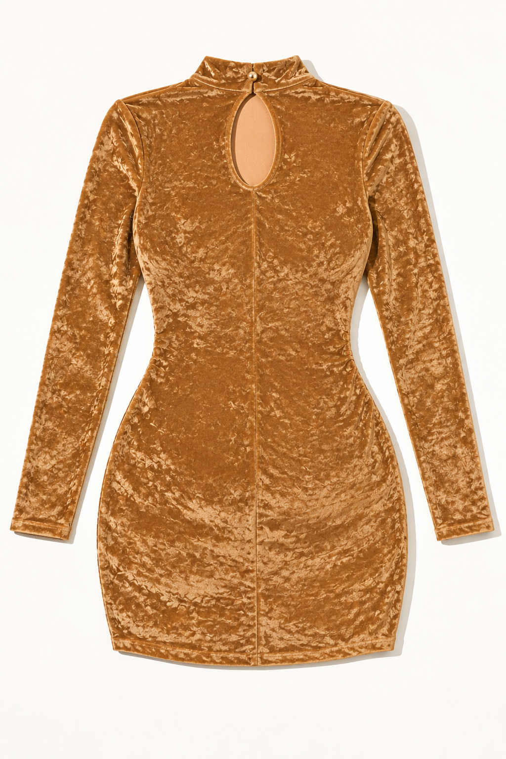Camel velvet mini dress, rear product view showing buttoned neckline and oval keyhole