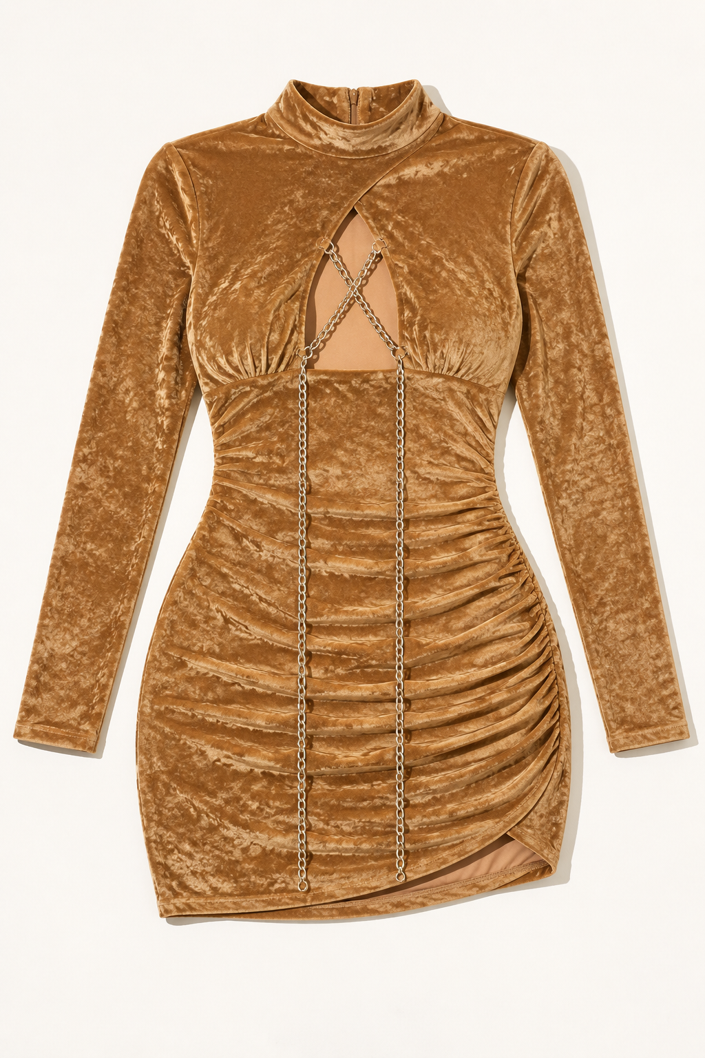 Muvin women's camel velvet mini dress, front product view with long sleeves and chain-laced keyhole