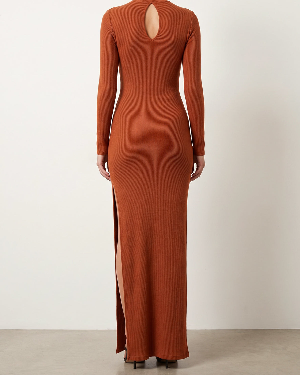 Rust hacci mockneck long sleeve dress, back view on model