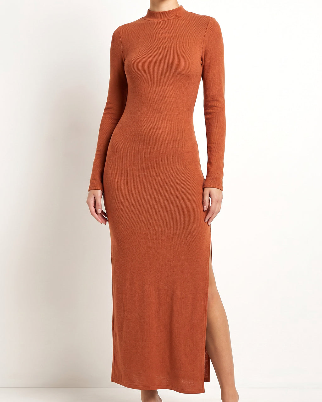 Muvin women's rust hacci mockneck long sleeve dress, front view on model