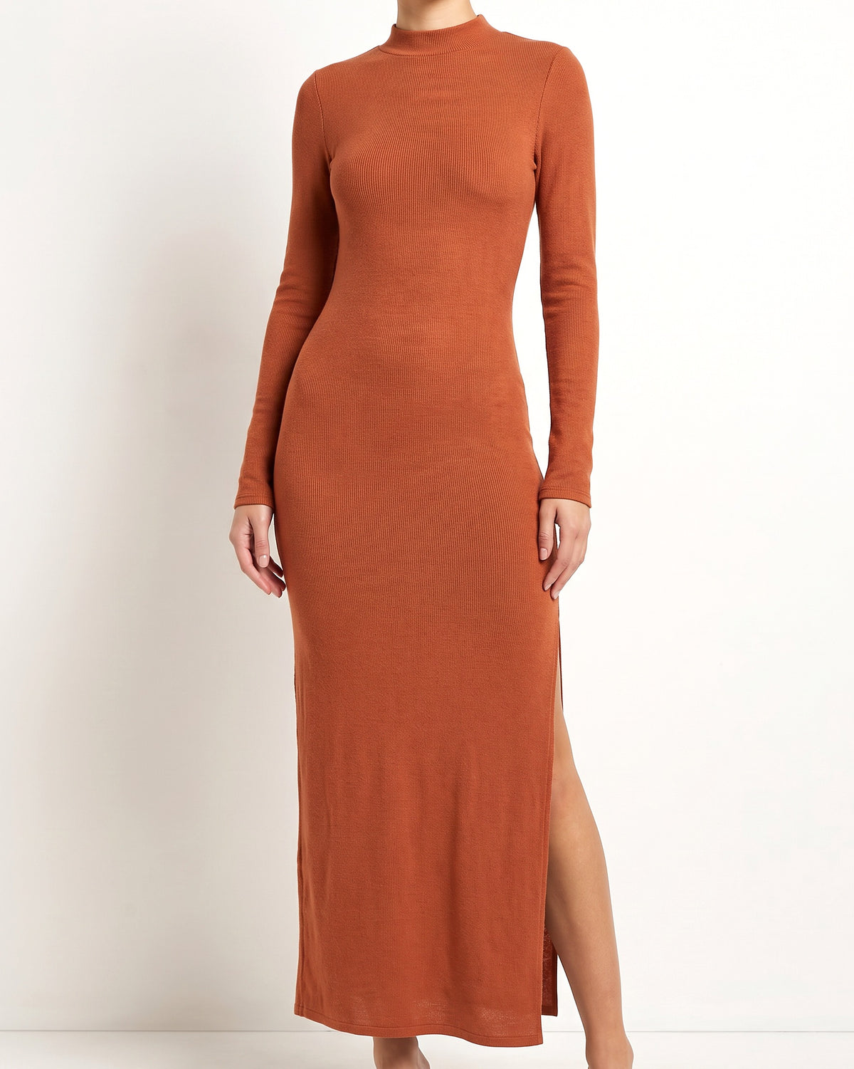 Muvin women's rust hacci mockneck long sleeve dress, front view on model