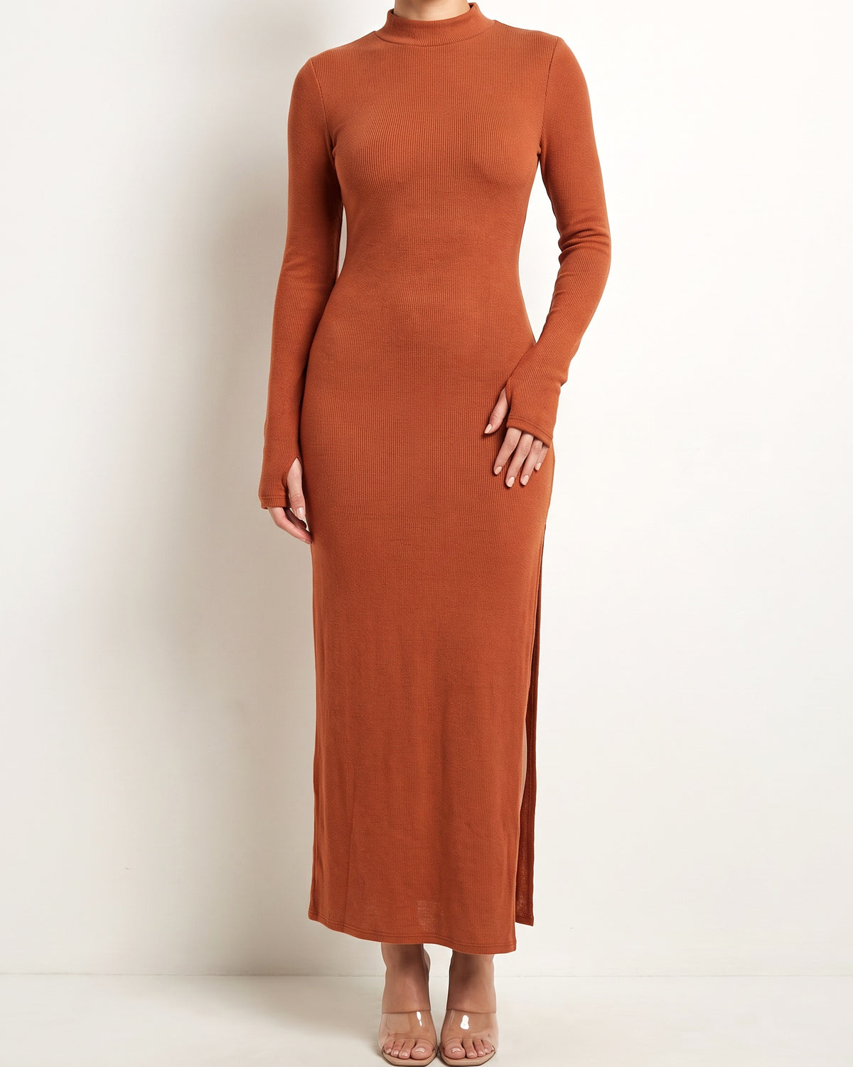 Rust hacci mockneck long sleeve dress, alternate front view on model