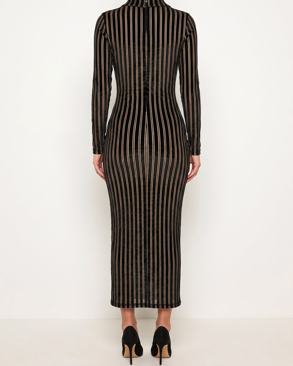 Gold striped burn out semi zip-up maxi dress, back view on model