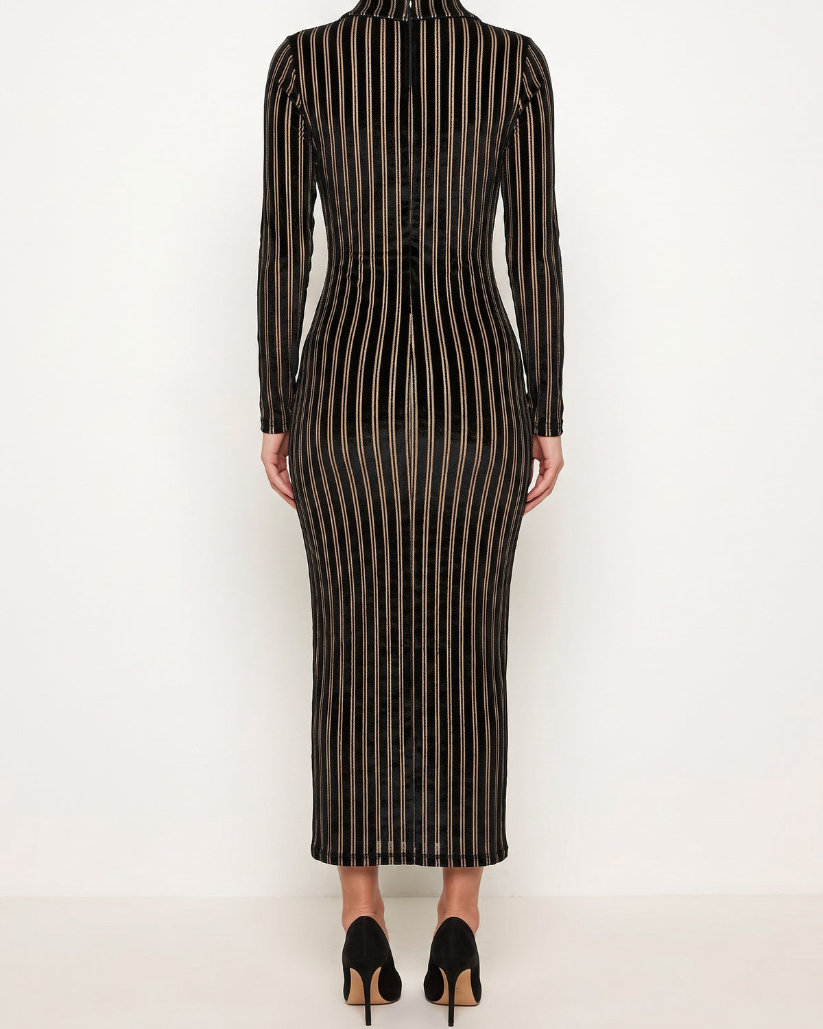 Gold striped burn out semi zip-up maxi dress, back view on model