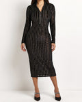 Muvin women's gold striped burn out semi zip-up maxi dress, front view on model