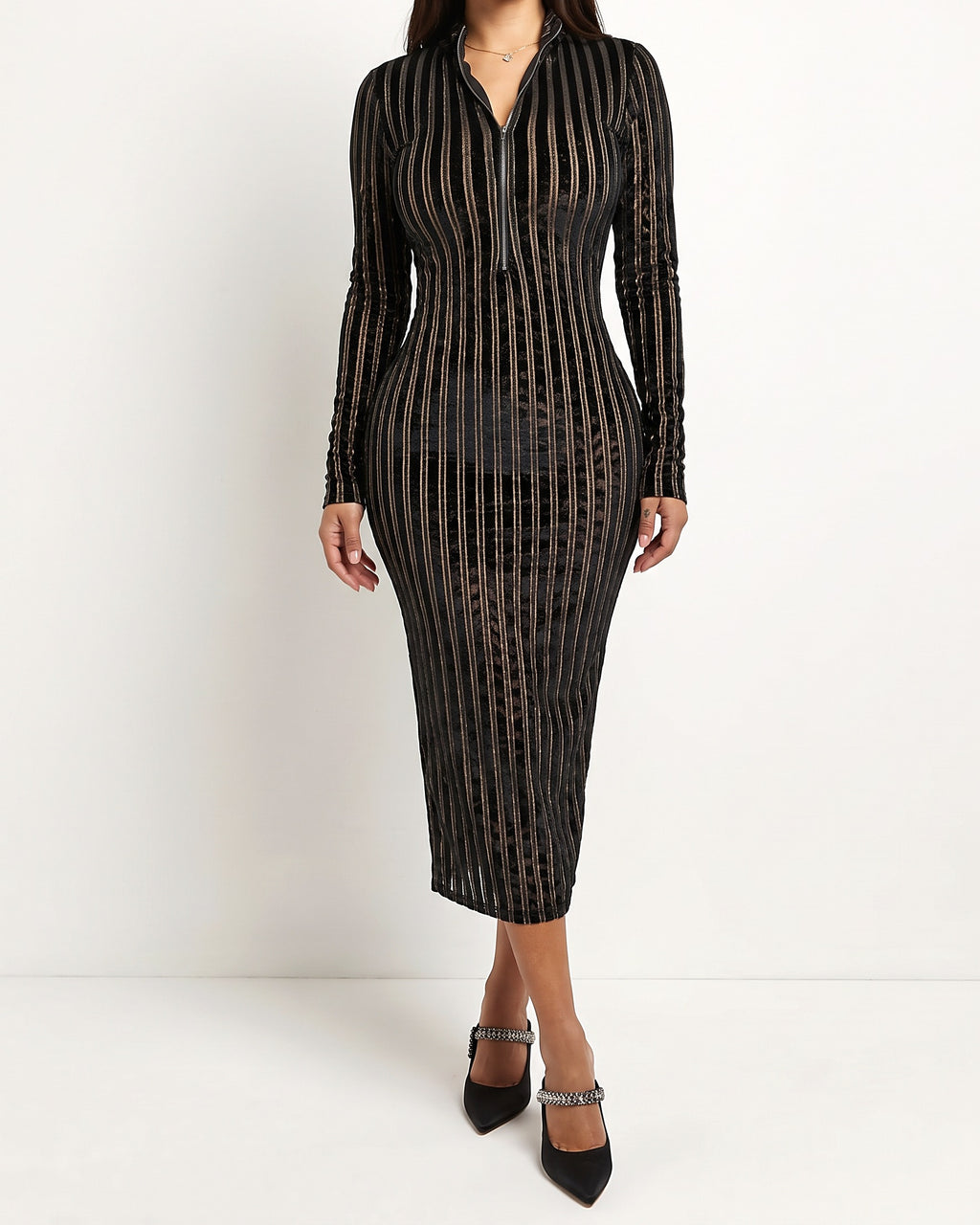 Gold striped burn out semi zip-up maxi dress, alternate front view on model