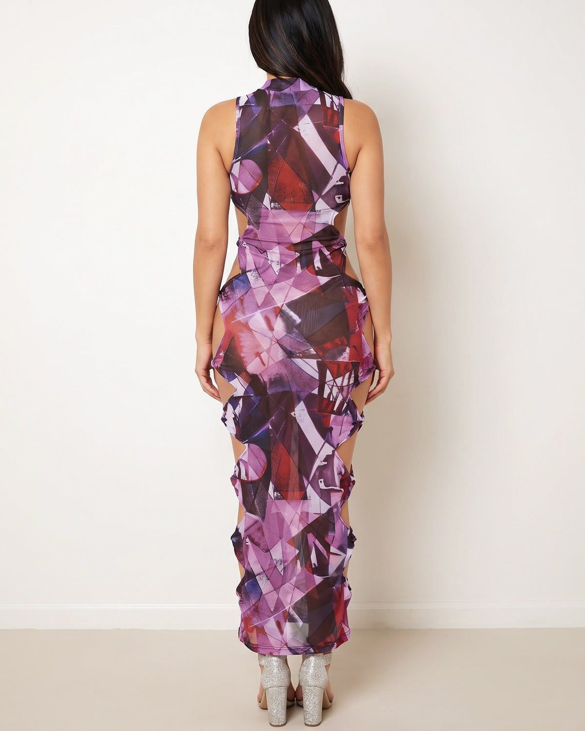 Purple multicolor tied side detail mesh maxi dress, back view on model