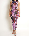 Muvin women's purple multicolor tied side detail mesh maxi dress, front view on model