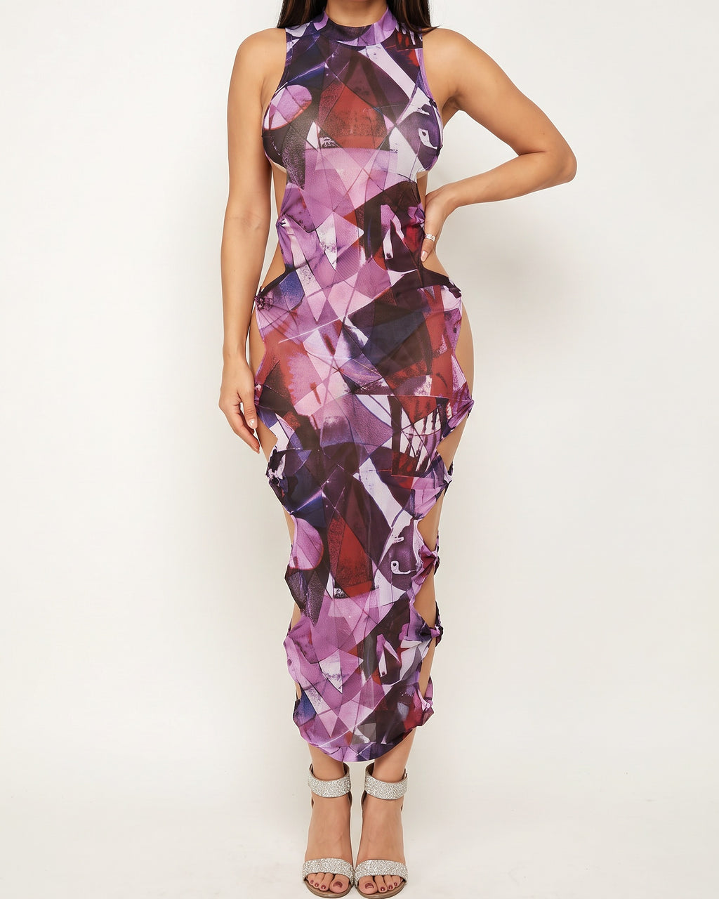 Purple multicolor tied side detail mesh maxi dress, alternate front view on model