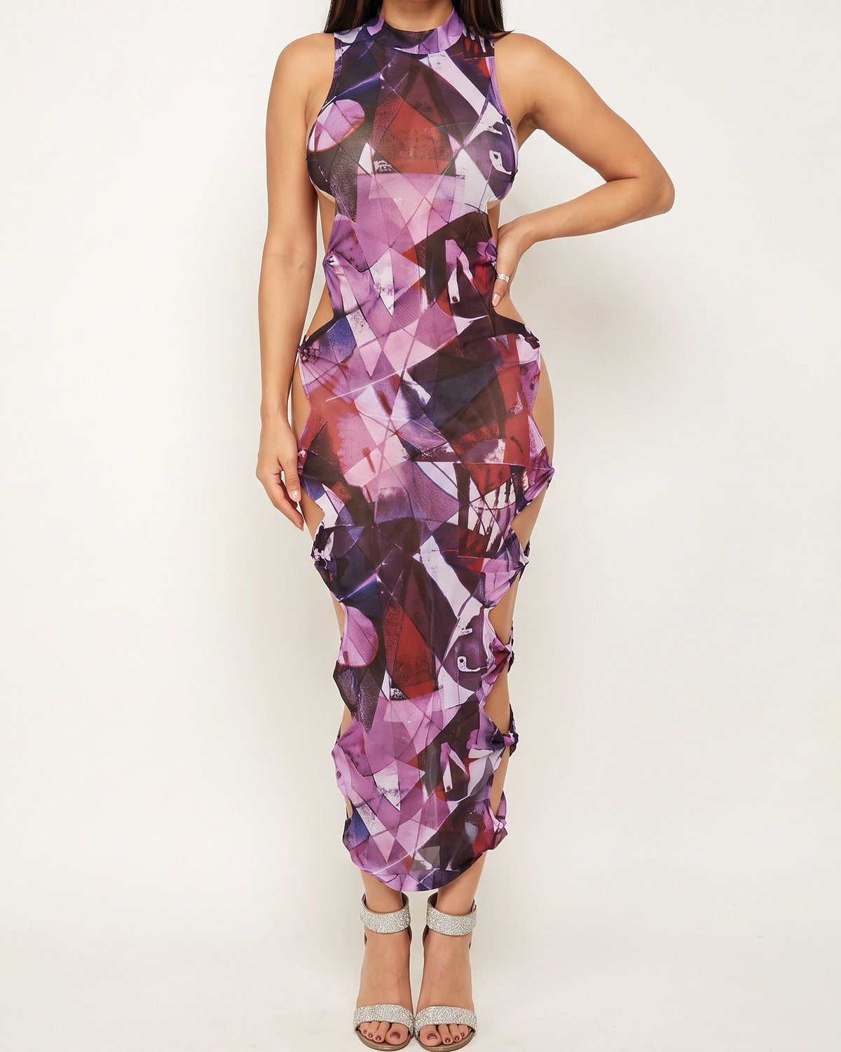 Purple multicolor tied side detail mesh maxi dress, alternate front view on model