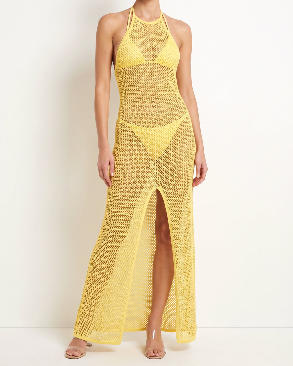 Muvin women's yellow haltered front slit maxi coverup, front view on model
