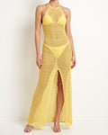Muvin women's yellow haltered front slit maxi coverup, front view on model