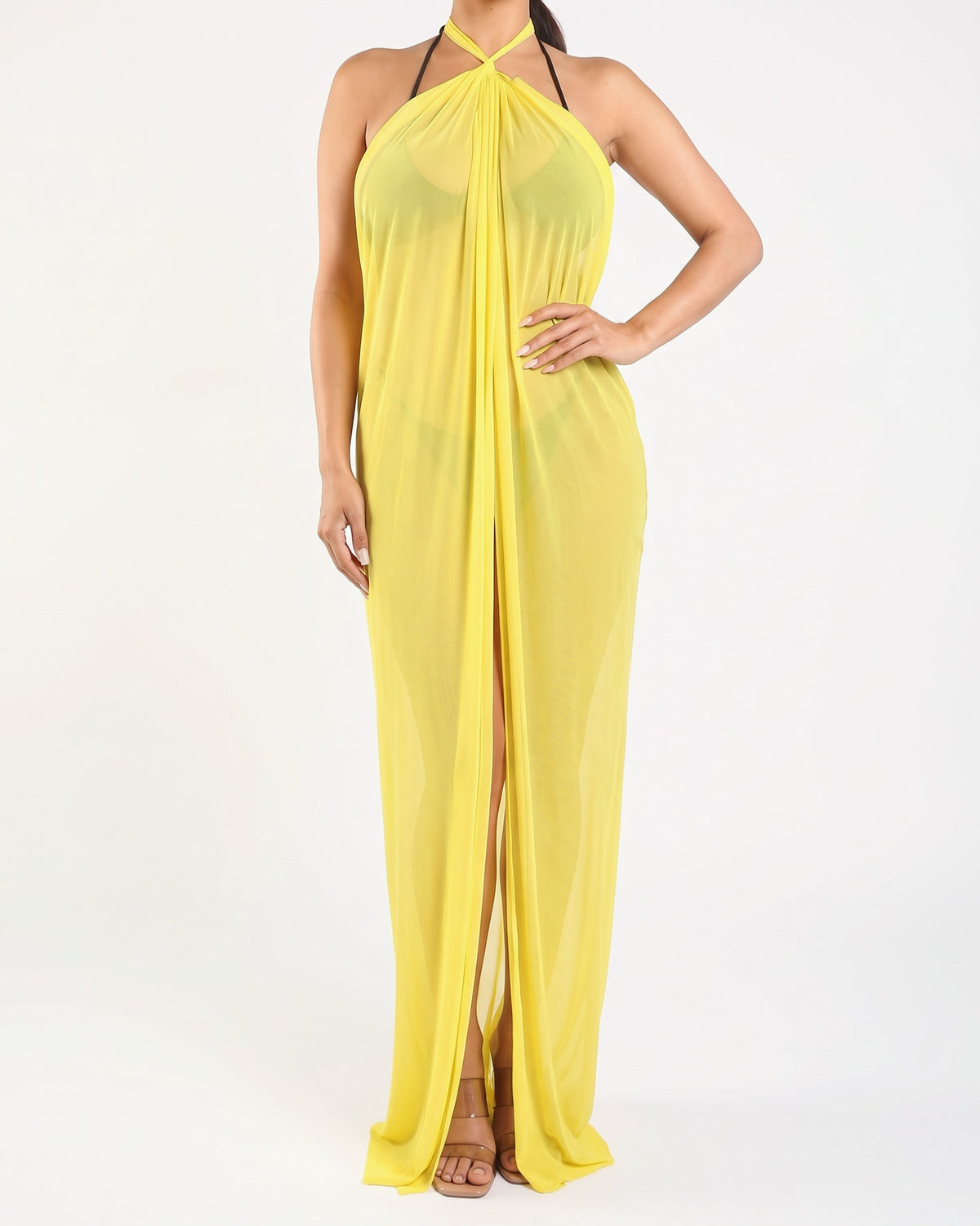 Yellow haltered front slit maxi coverup, alternate front view on model