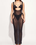 Muvin women's black mesh cover up dress, front view on model
