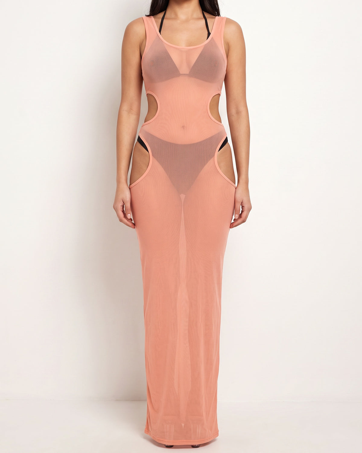 Coral mesh cover up dress, back view on model