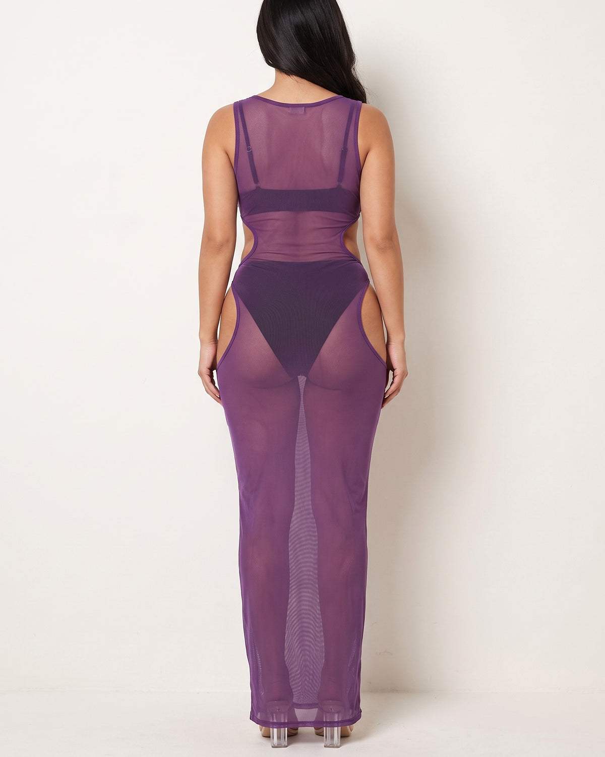 Mulberry mesh cover up dress, back view on model