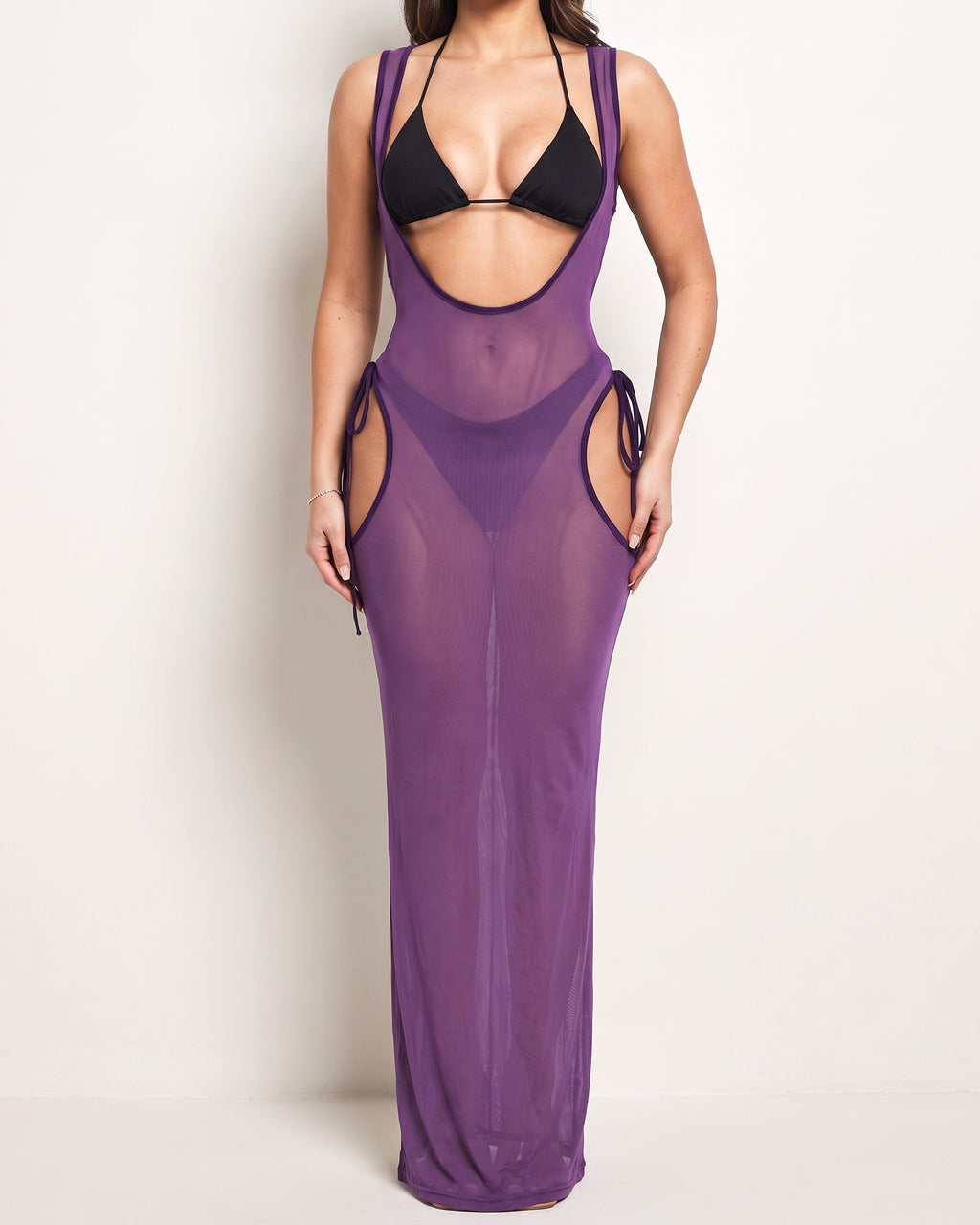 Mulberry mesh cover up dress, alternate front view on model