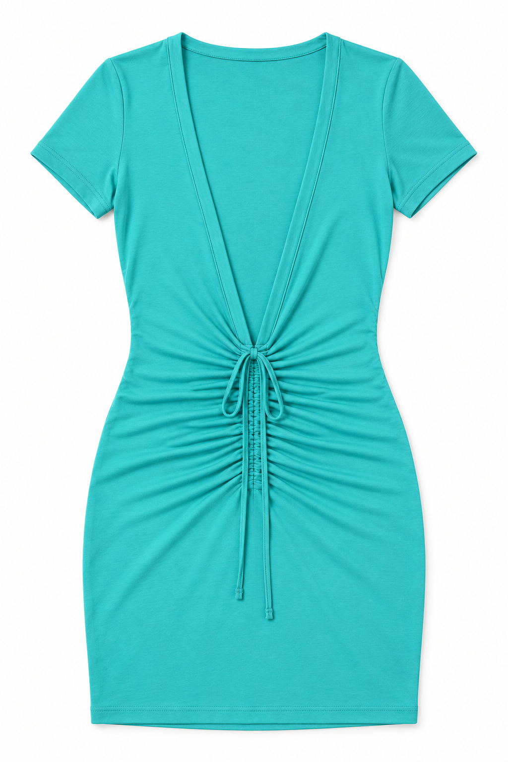 Dark mint deep V ruched t shirt dress, detail view, garment only