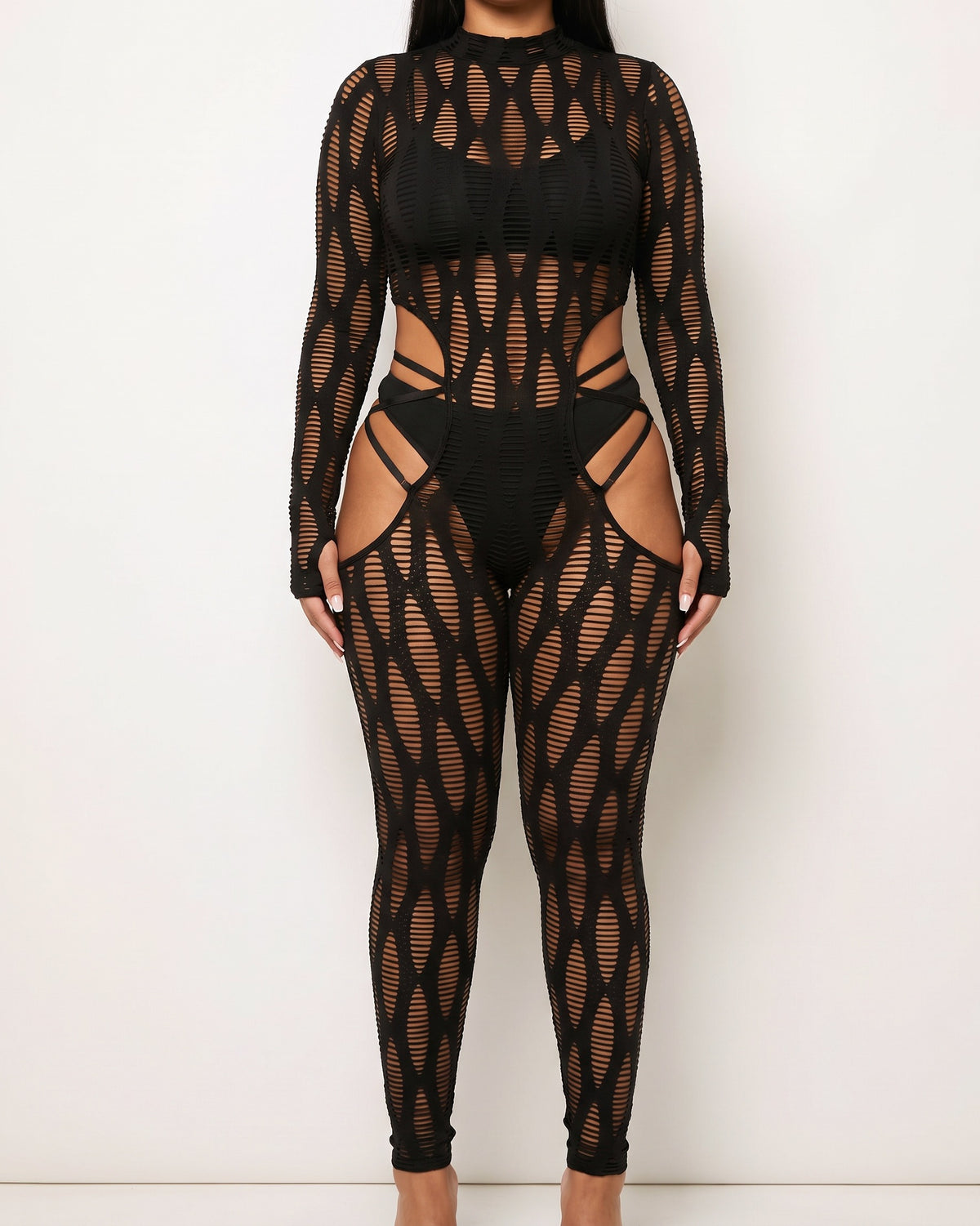 Black distressed fabric jumpsuit with cutout, back view on model