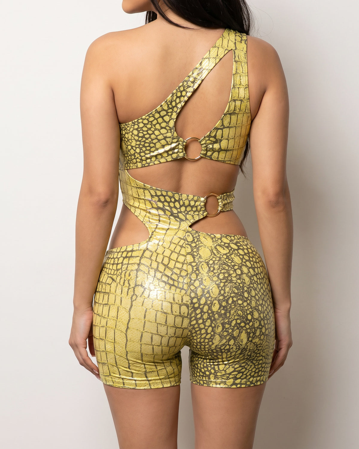 Yellow feeling it snake romper, back view on model