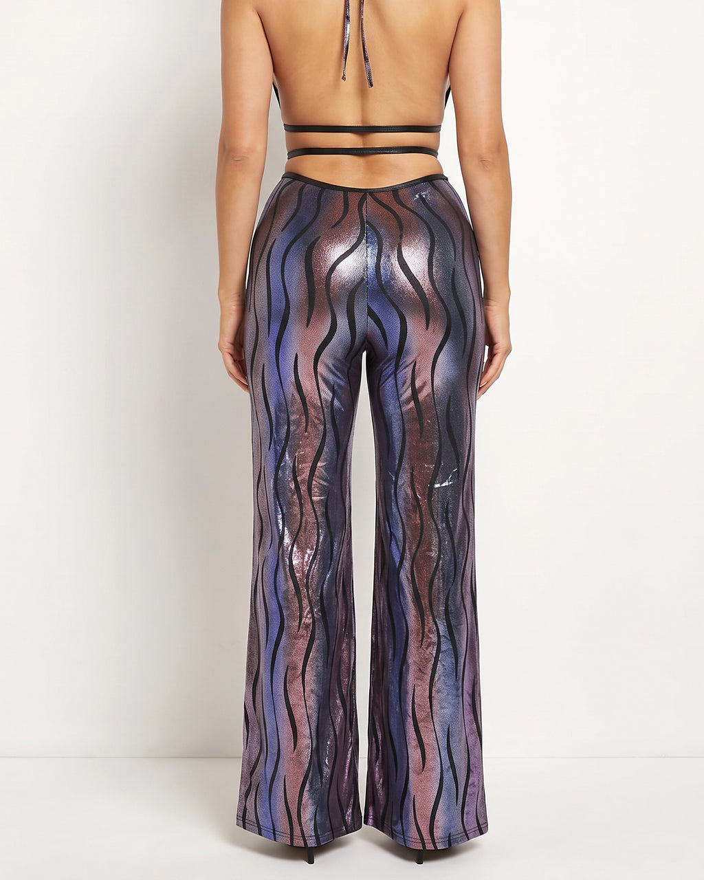 Blue multicolor swirl ombre foil strap keyhole halter neck, back view on model