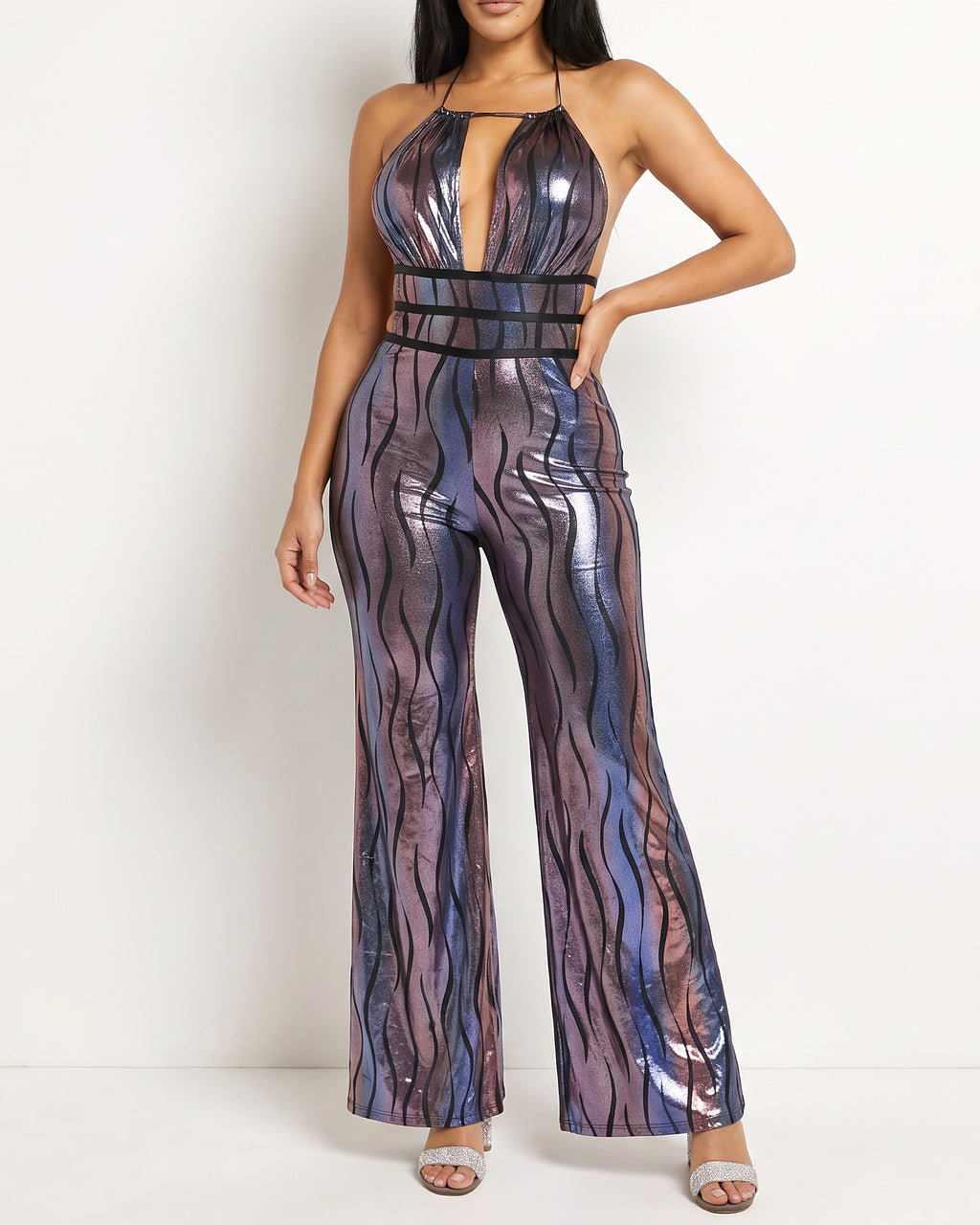 Muvin women's blue multicolor swirl ombre foil strap keyhole halter neck, front view on model
