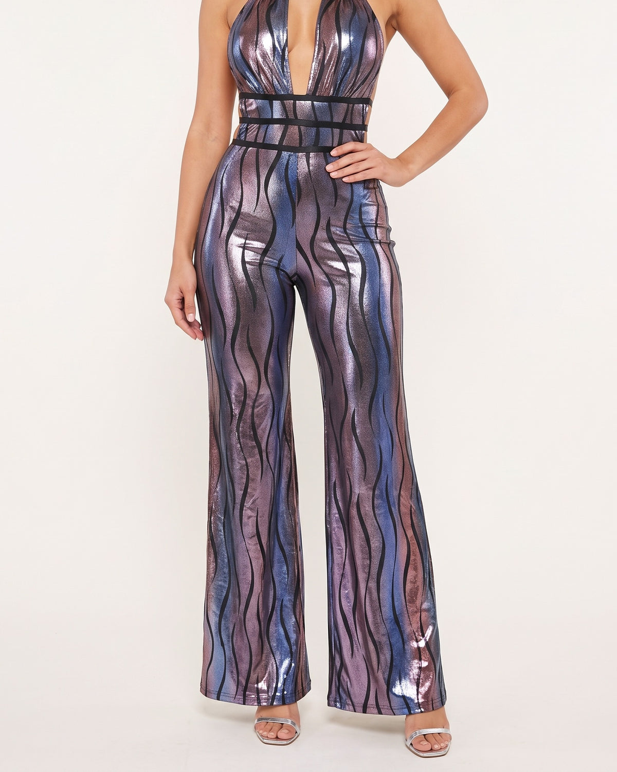 Blue multicolor swirl ombre foil strap keyhole halter neck, alternate front view on model