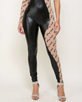 Muvin women's black and nude wavy asymmetric color block jumpsuit, front view on model