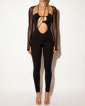 Muvin women's black cut out tied mesh slit sleeve jumpsuit, front view on model