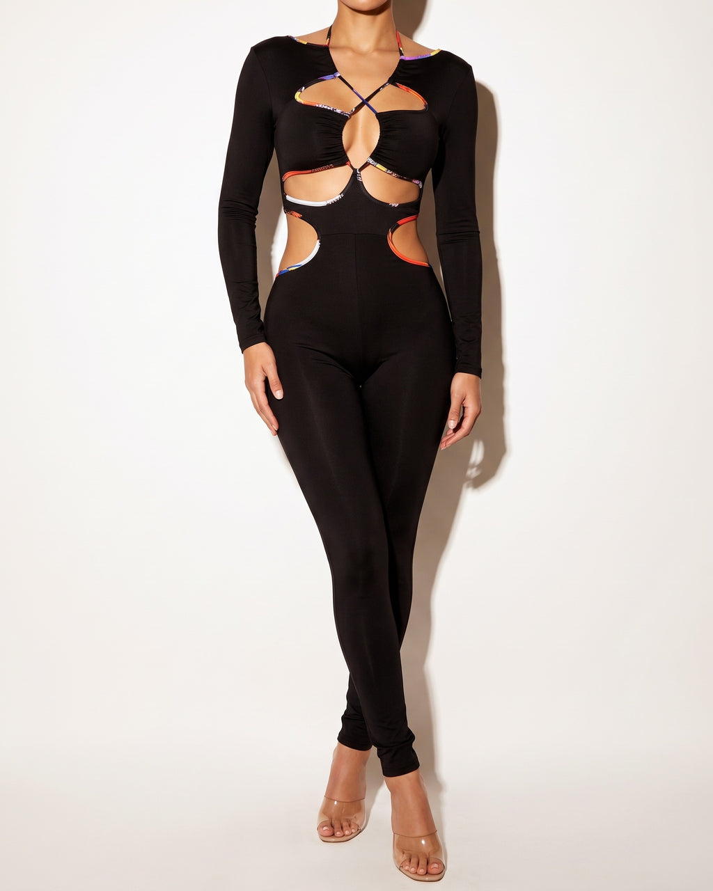 Black rainbow binding detailed cut out jumpsuit, alternate front view on model