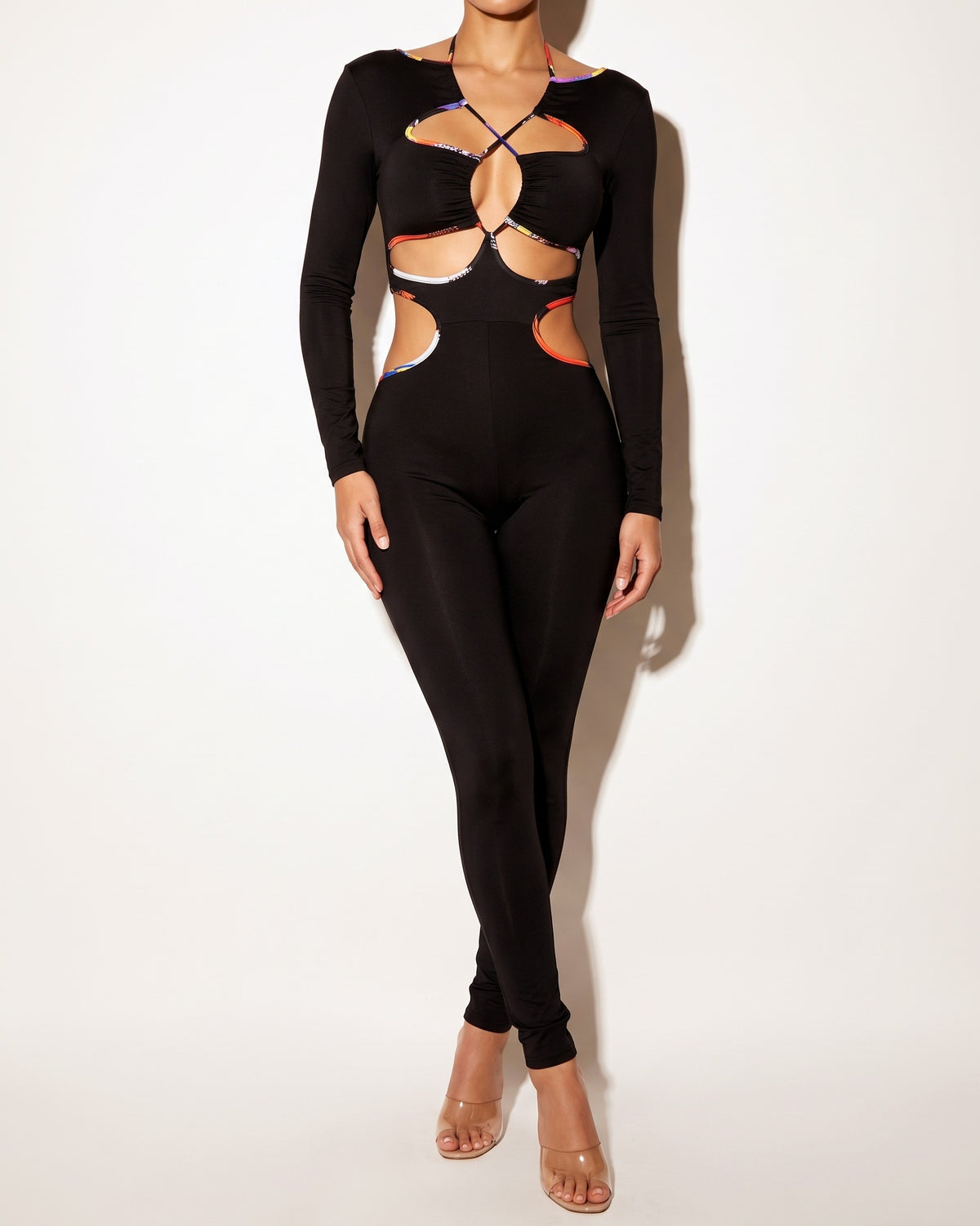 Black rainbow binding detailed cut out jumpsuit, alternate front view on model