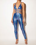 Muvin women's blue multicolor multi leopard foiled cutout string detailed jumpsuit, front view on model