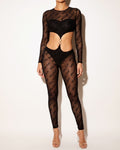 Muvin women's black lettering mesh cut out double o-ring jumpsuit, front view on model