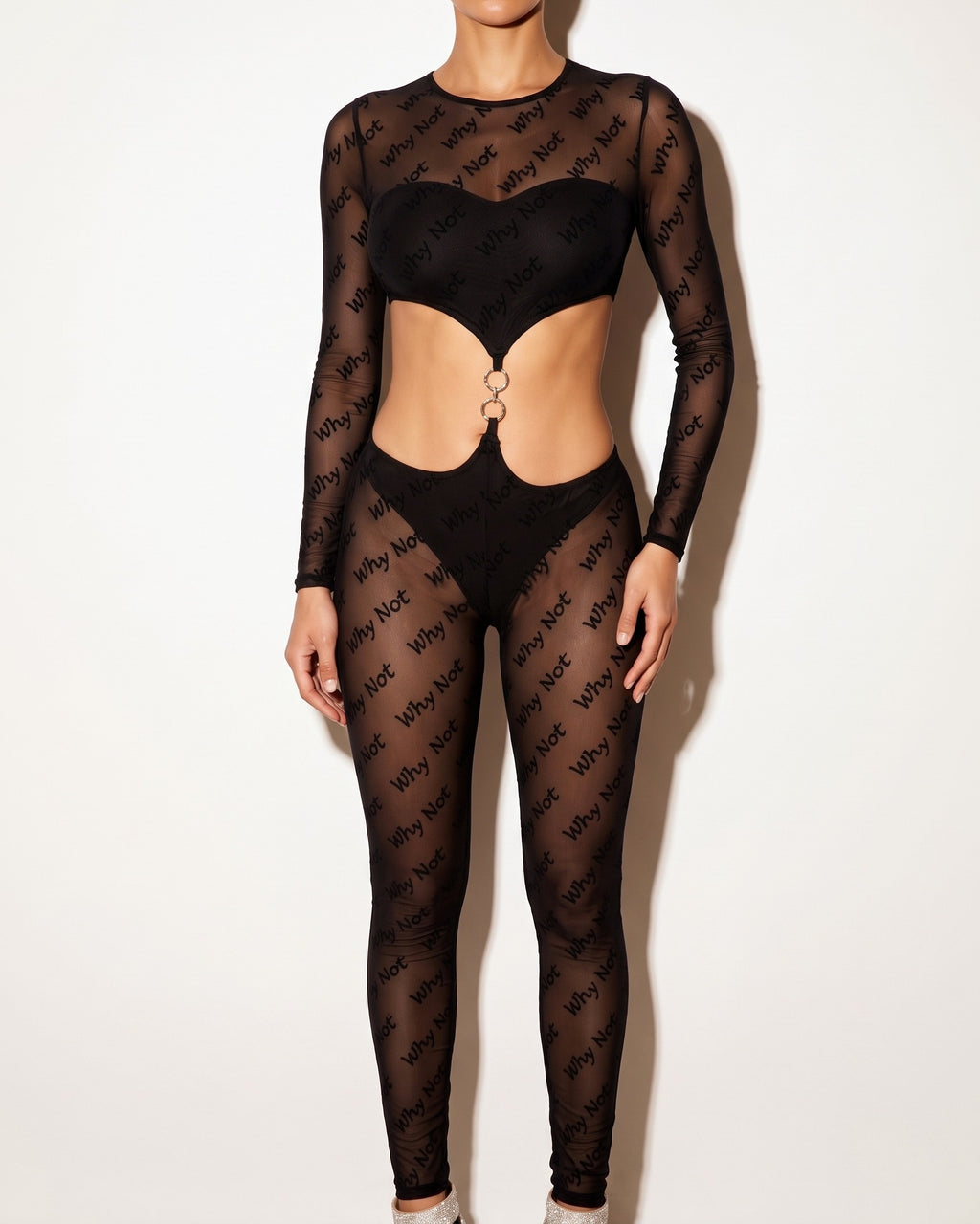 Black lettering mesh cut out double o-ring jumpsuit, alternate front view on model