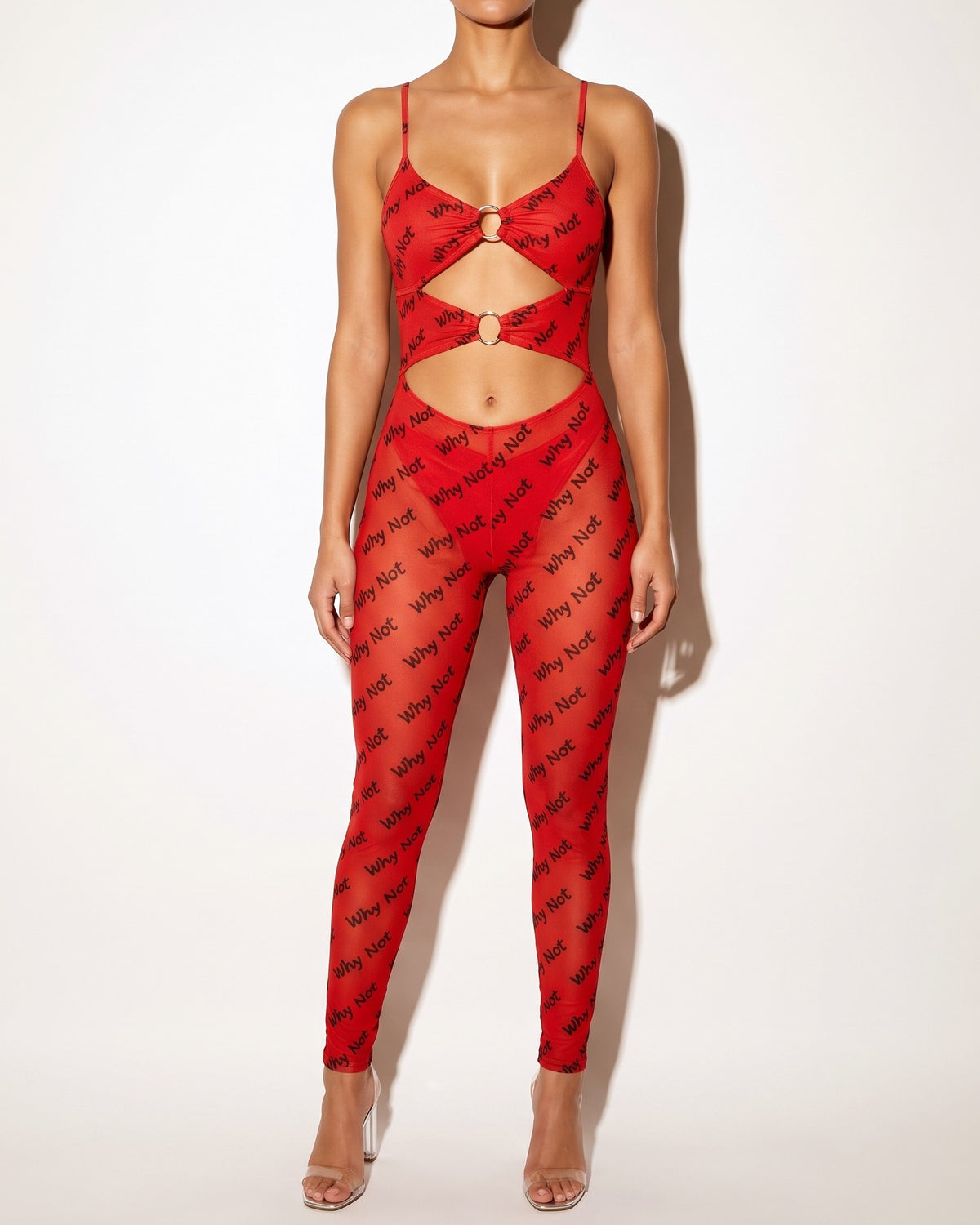 Red lettering mesh cut out double o-ring jumpsuit, alternate front view on model