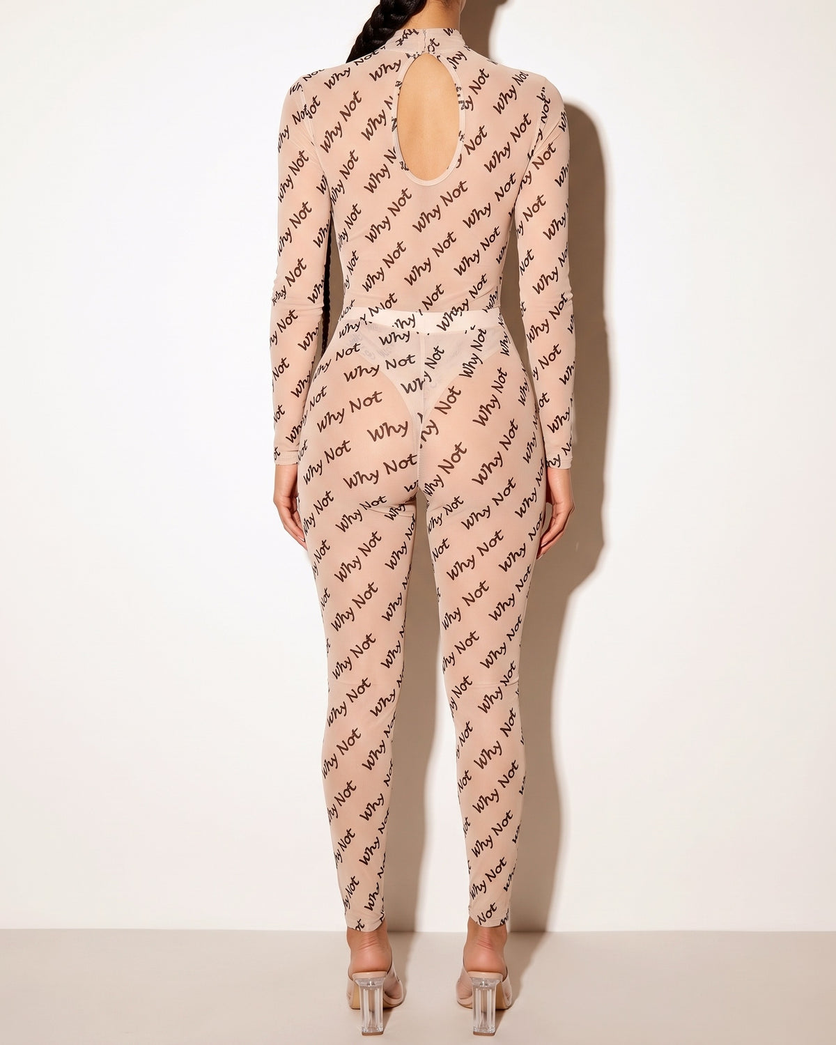 Nude why not mesh bodysuit, back view on model