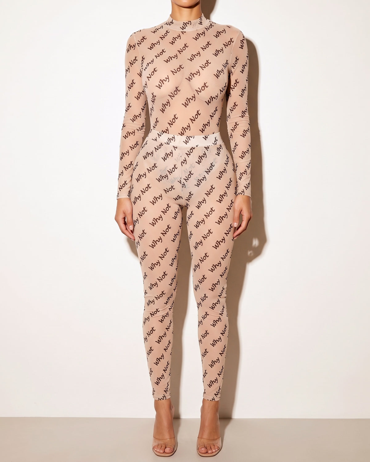 Muvin women's nude why not mesh bodysuit, front view on model