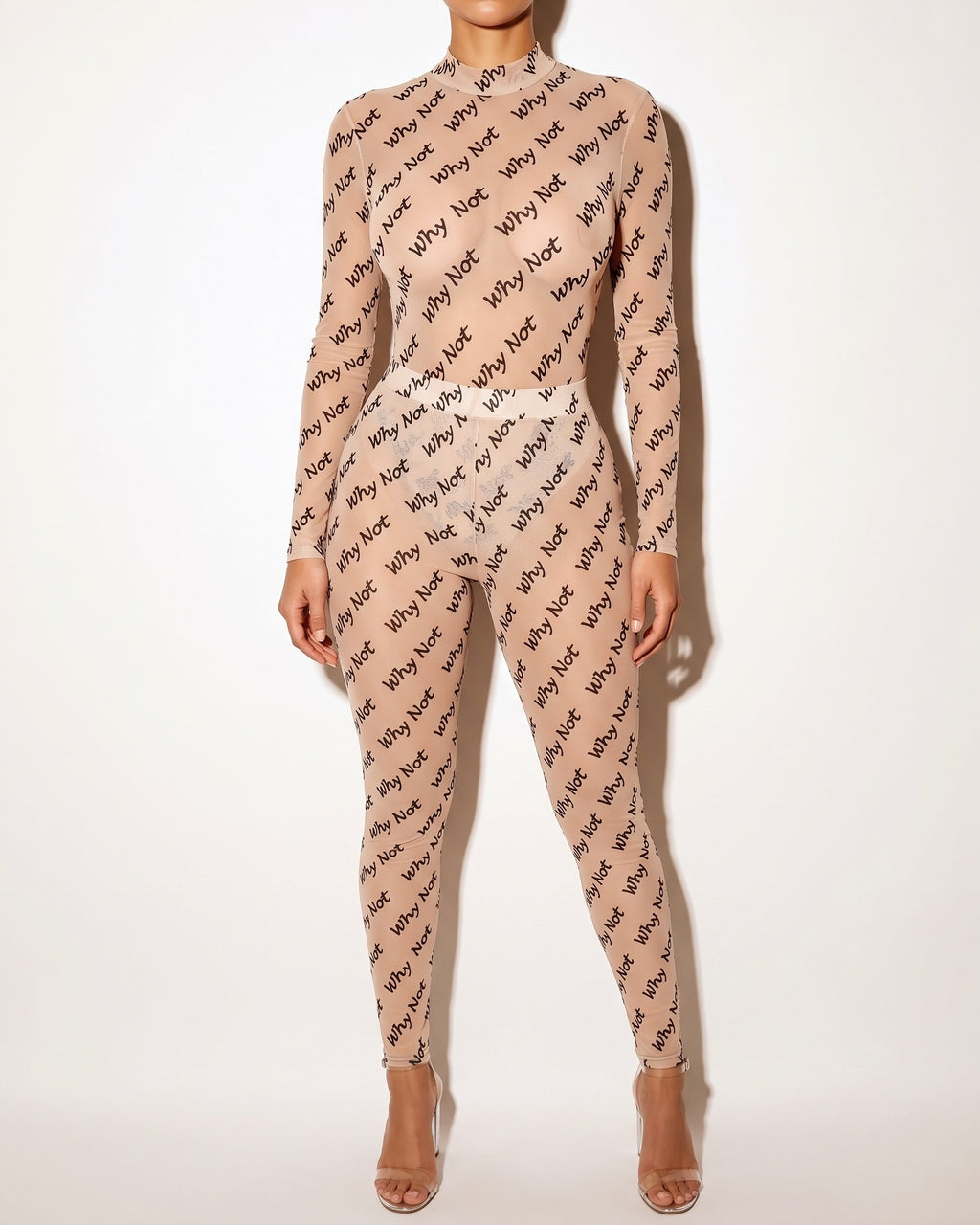 Nude why not mesh bodysuit, alternate front view on model
