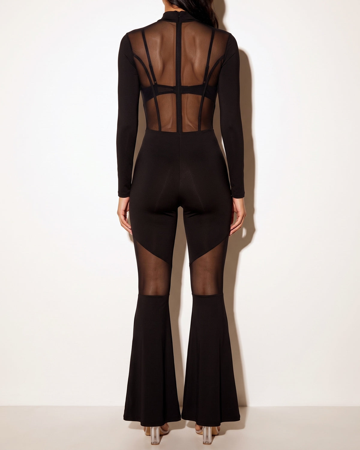 Black mesh color block flared pants jumpsuit, back view on model