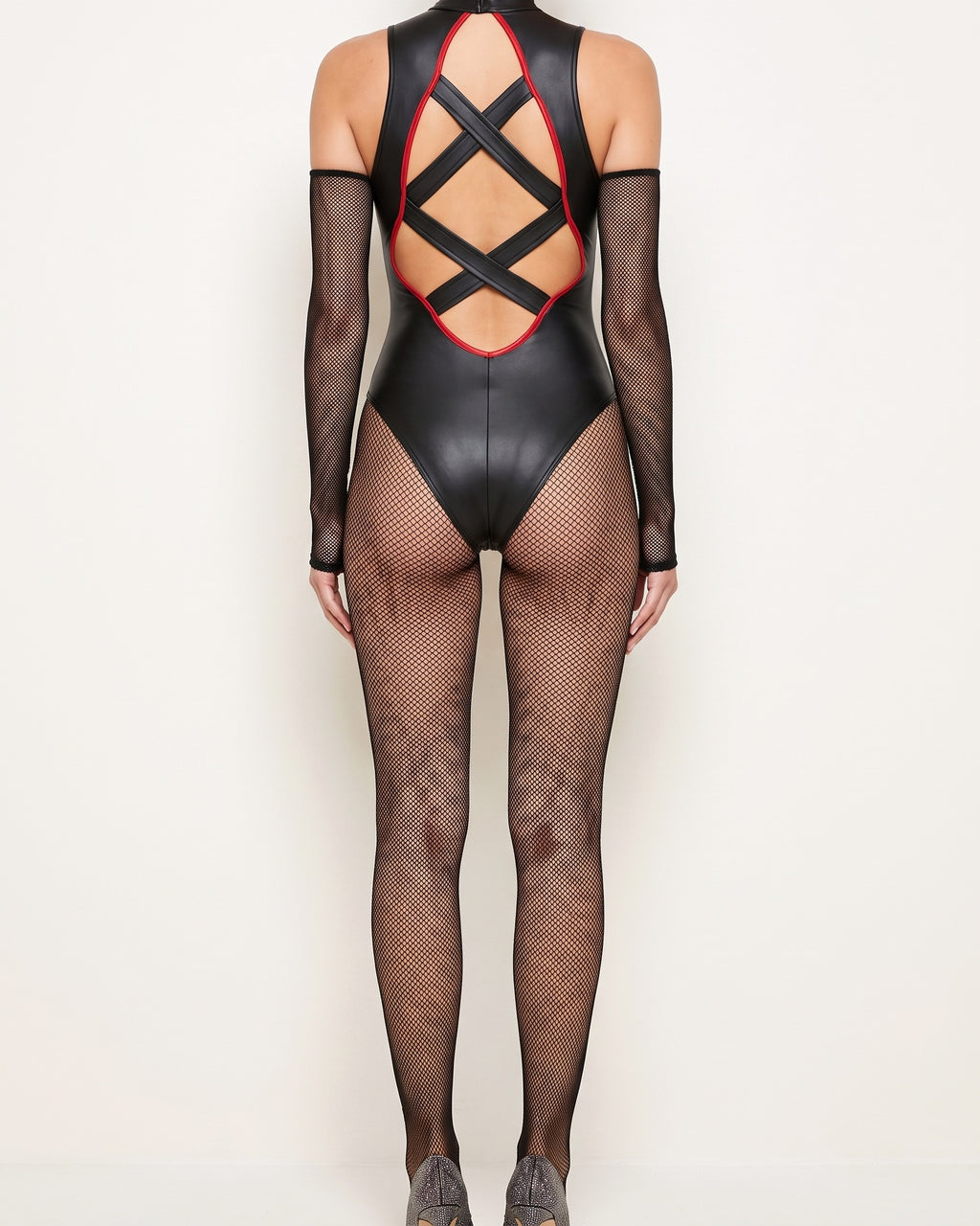 Black and red cutout halter mesh off shoulder jumpsuit, back view on model