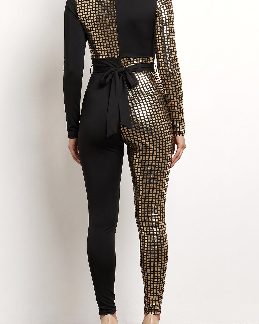 Gold mosaic pattern color block tie detailed jumpsuit, back view on model