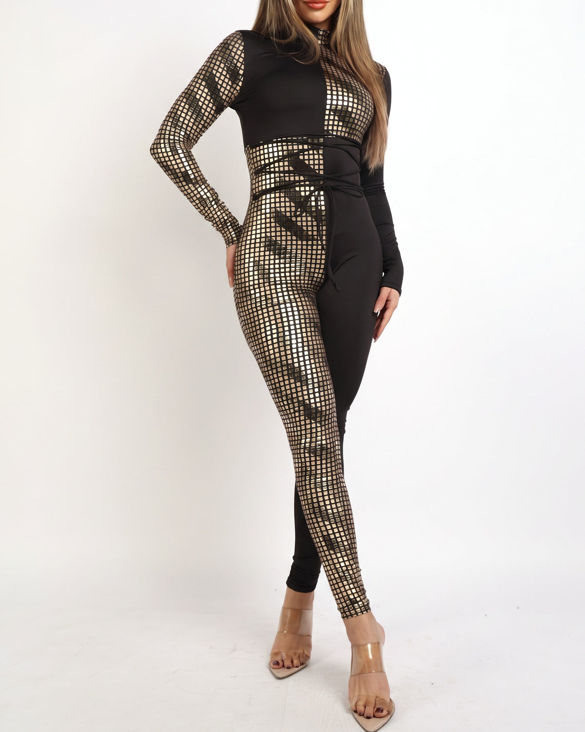 Muvin women's gold mosaic pattern color block tie detailed jumpsuit, front view on model