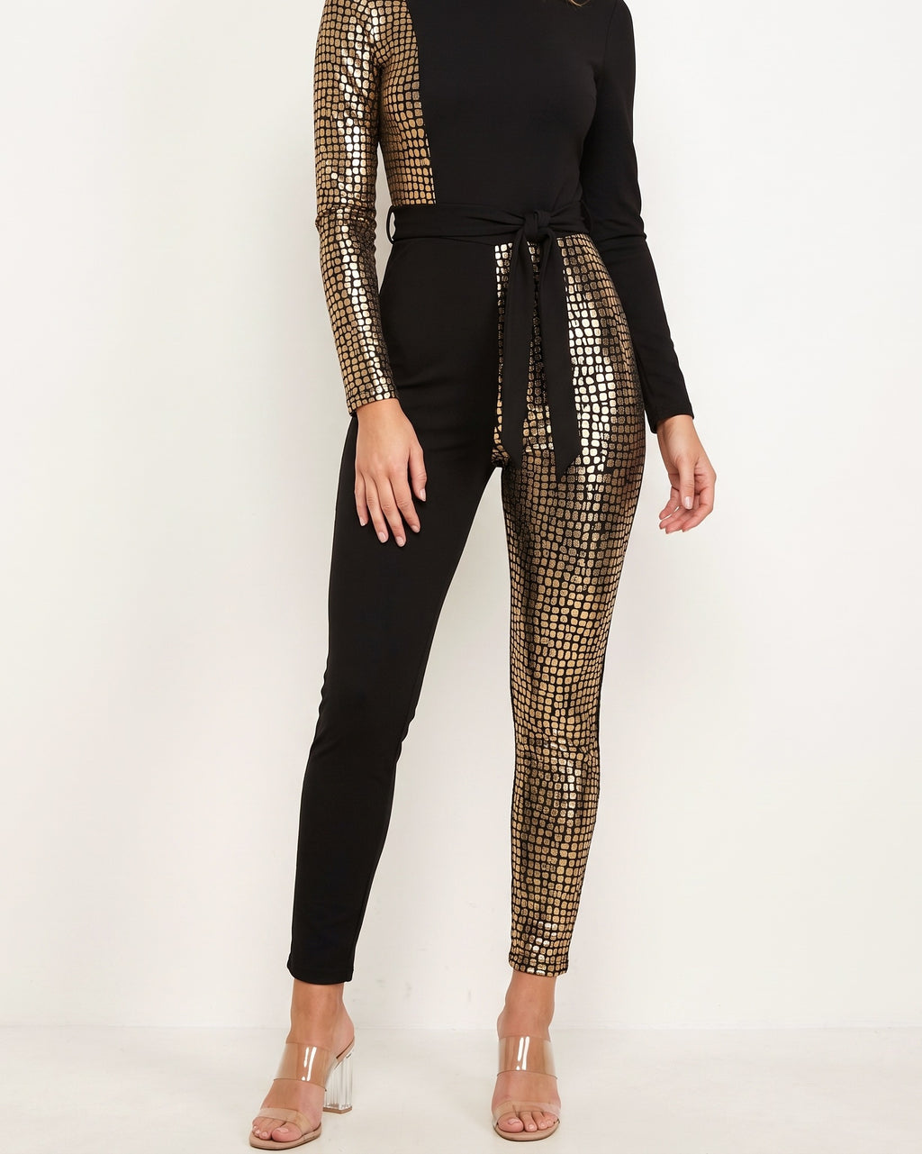 Gold mosaic pattern color block tie detailed jumpsuit, alternate front view on model
