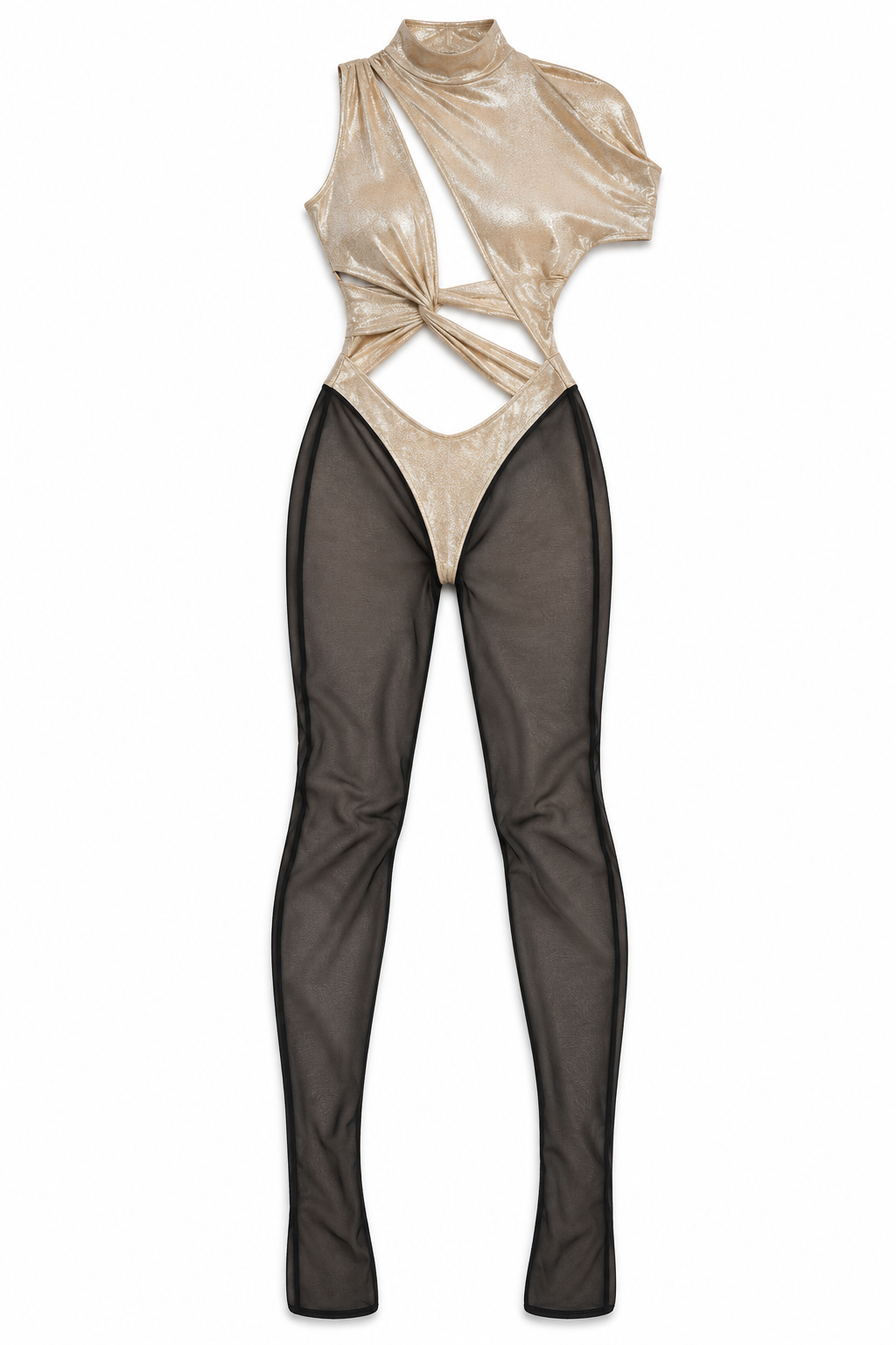 Gold foiled cutout detailed bodysuit and mesh legs, front view, garment only