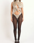 Gold foiled cutout detailed bodysuit and mesh legs, front view on model