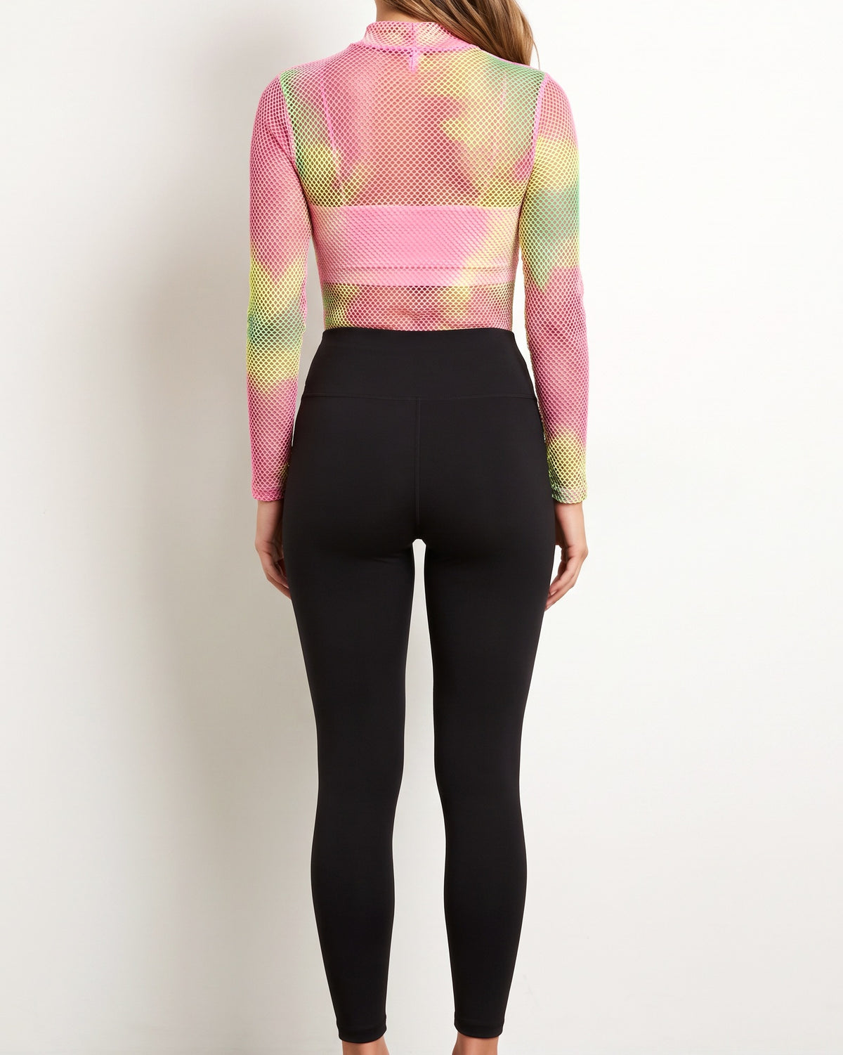 Pink combo printed bodysuit, back view on model